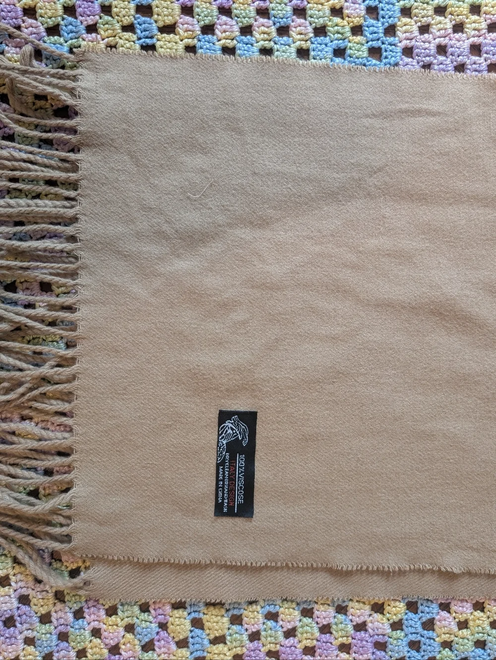 Camel Fringe Knit Scarf - Solid Camel Brown 100% Viscose‎